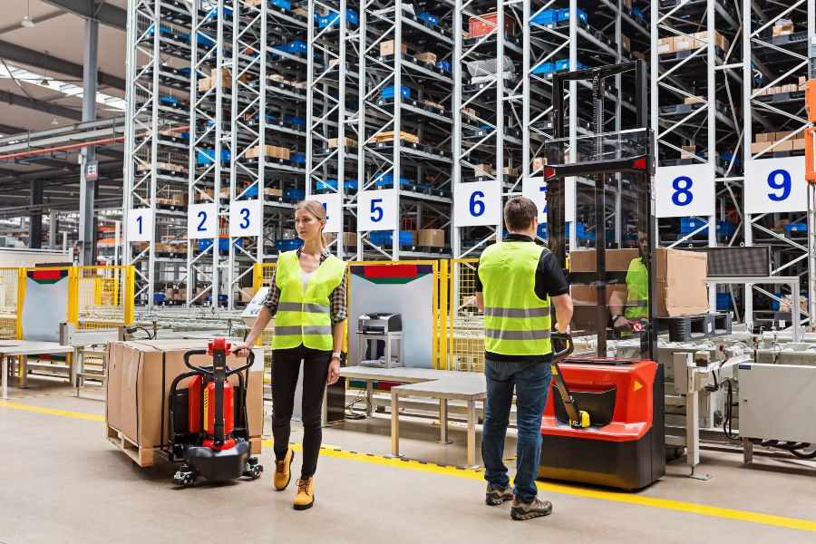 Workers using warehouse equipment in a large storage facility showcasing automation benefits