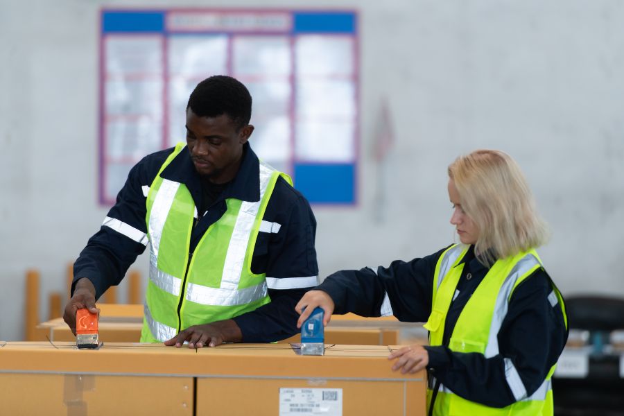 Two workers in yellow vests are working on a wooden table.