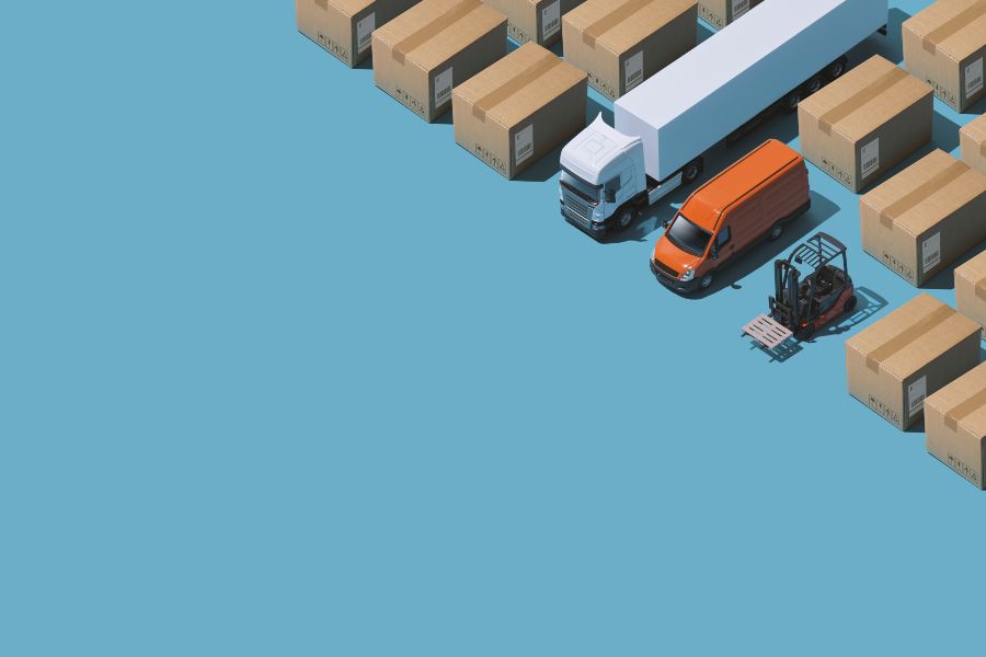 A blue ocean with a white and orange truck and a box.