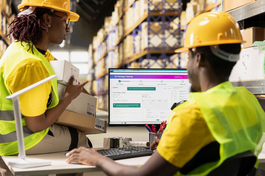 Warehouse staff in safety gear managing parcels and tracking shipments on a computer dashboard.