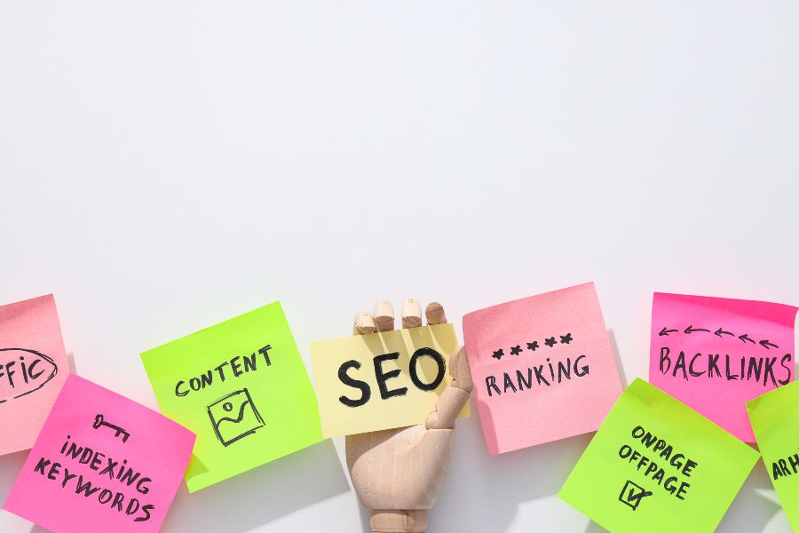 Colourful sticky notes with SEO, content, ranking and backlinks held by a wooden hand.