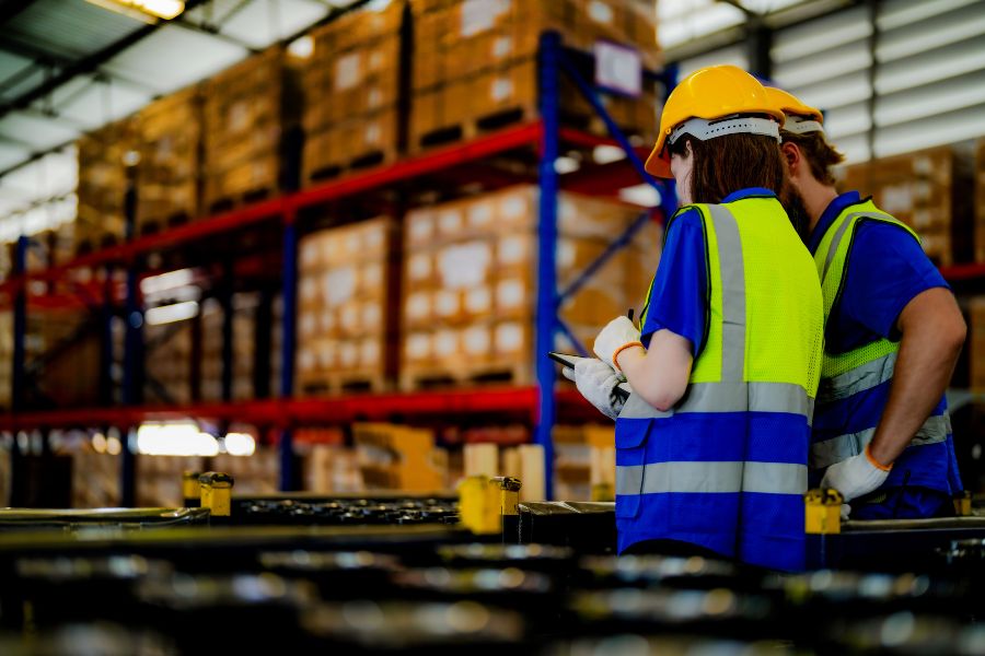 Warehouse workers inspect inventory in a busy distribution center.