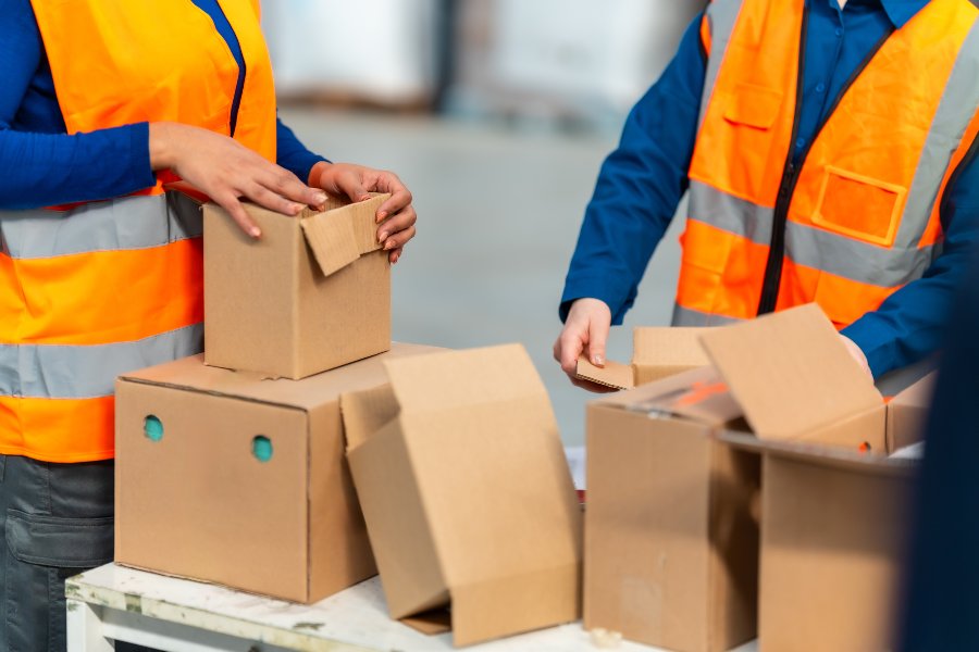 Warehouse workers in orange safety vests pack cardboard boxes for shipping at fulfillment center.