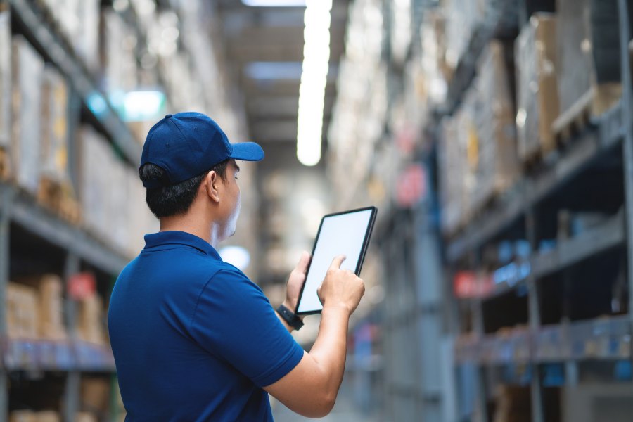Warehouse worker in blue uniform checks inventory on a tablet in aisle.