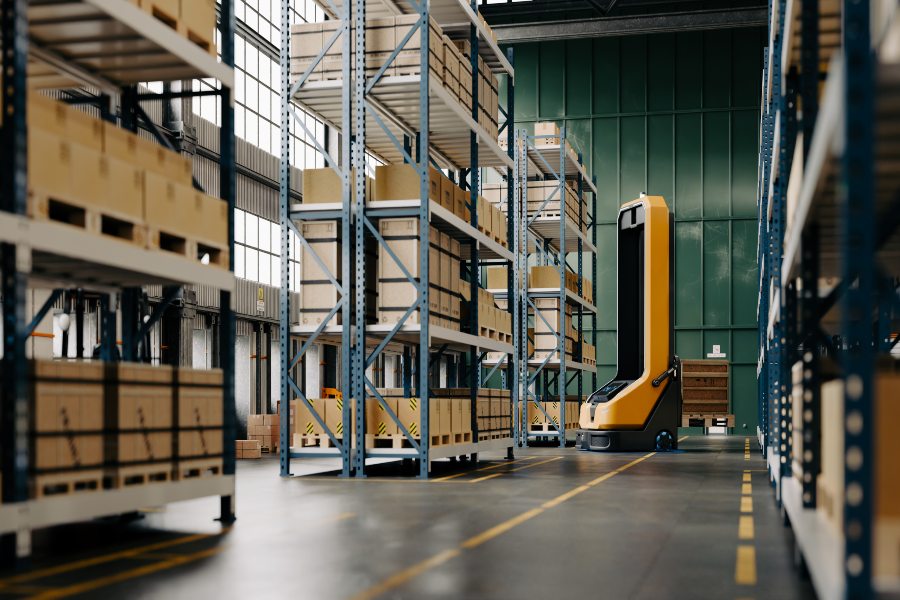 Autonomous mobile robot navigating warehouse automation storage aisle