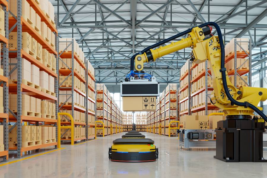 Robotic arm and AGV working together in a warehouse automation system