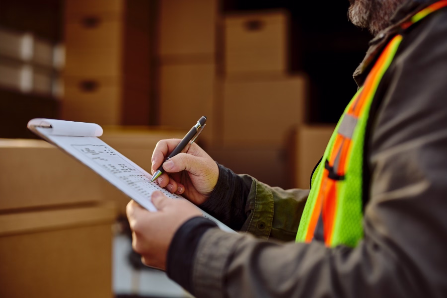 Warehouse worker checking inventory on a clipboard