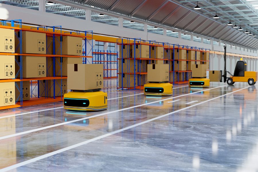 Fleet of AMRs transporting boxes along warehouse aisles in AutoStore vs AMR operation