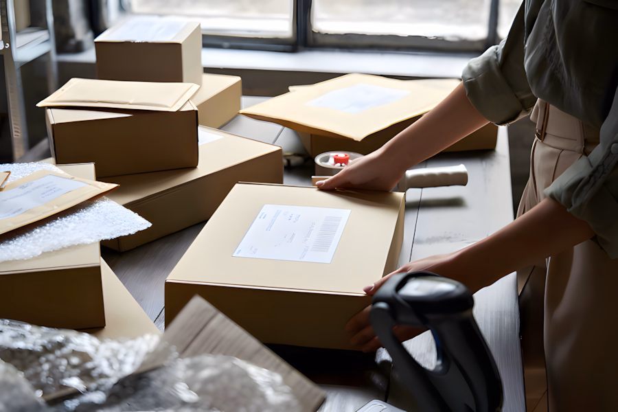 A person is holding a box with a white label.
