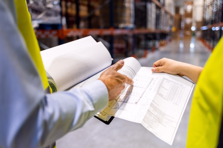A man holding a blueprint in a warehouse.