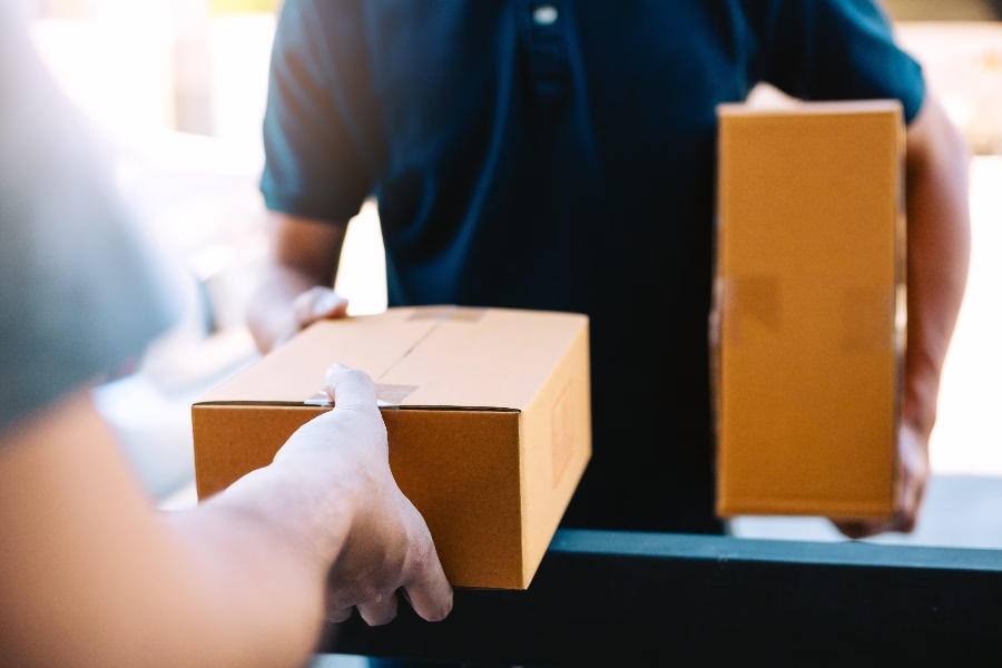 A person is holding a brown box.