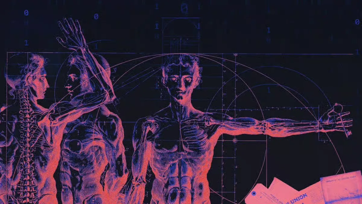Digital rendering of three human figures showing muscular and skeletal anatomy with overlaid geometric patterns and technical drawings on a dark background.