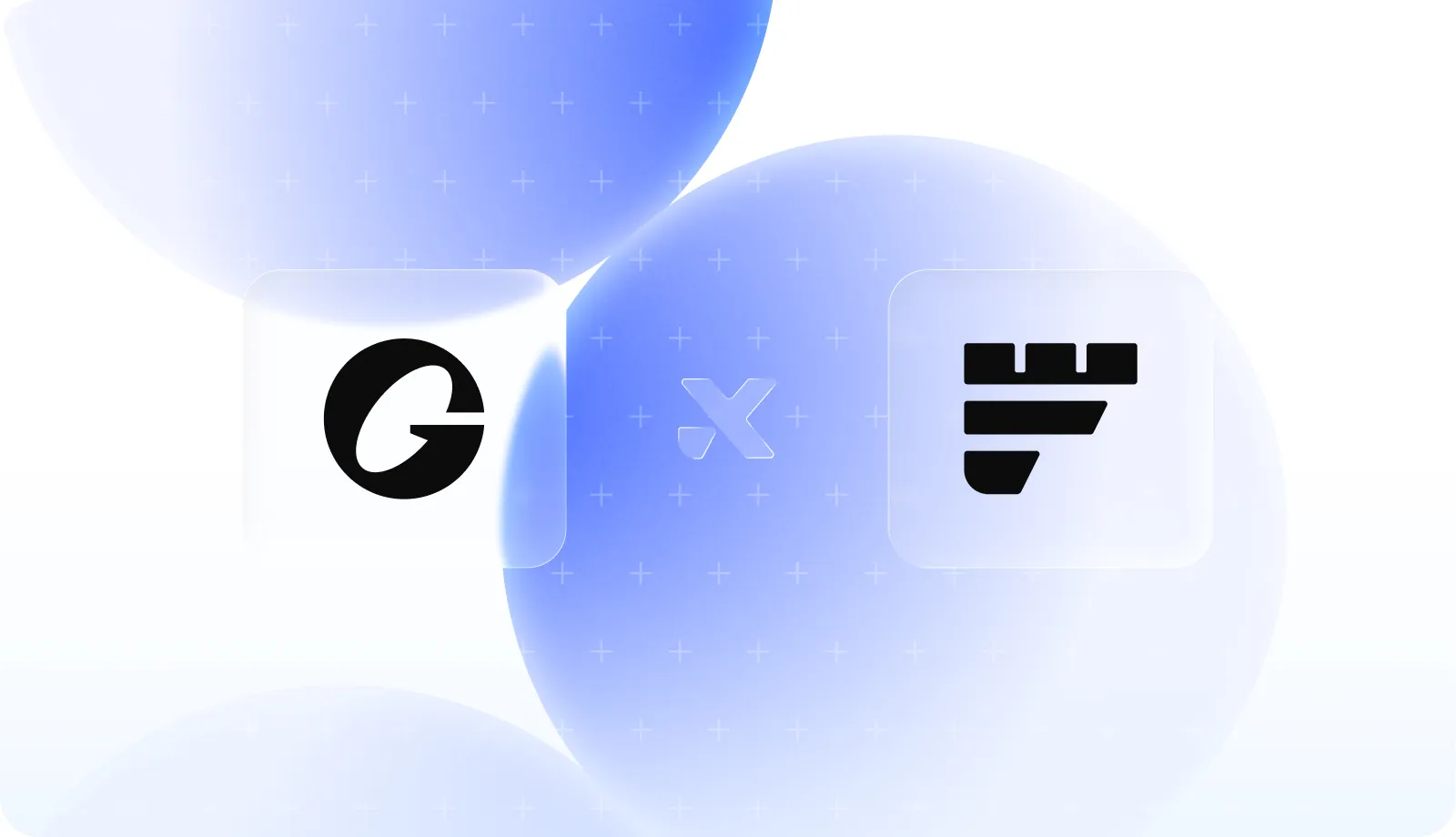 Black stylized G logo on left and Fordefi logo on right separated by an X in a blue background with translucent square overlays.