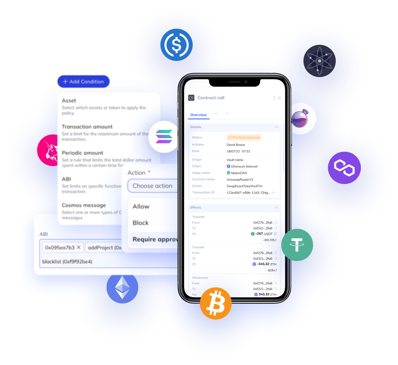 Mobile screen showing a contract call overview with status, initiator, chain, actions, and transfer details.