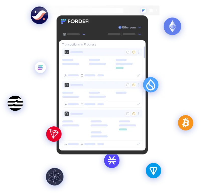 FORDEFI interface showing transactions in progress with various cryptocurrency logos around it.