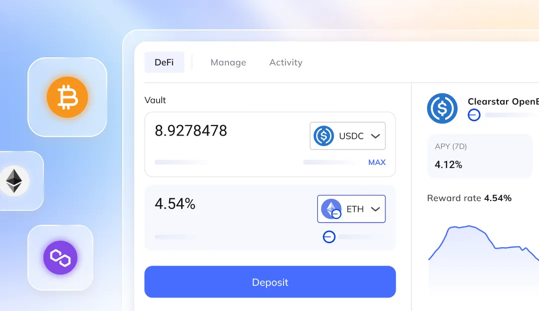 DeFi app interface showing a vault with 8.9278478 USDC and 4.54% ETH, a deposit button, and reward rate info with a line chart.