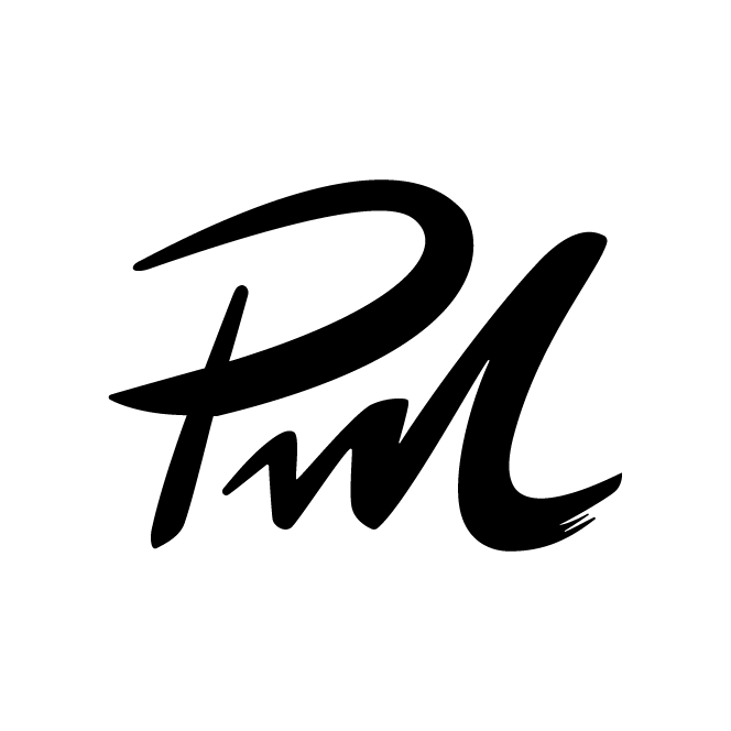Black stylized initials 'PM' written in brush script on a white background.