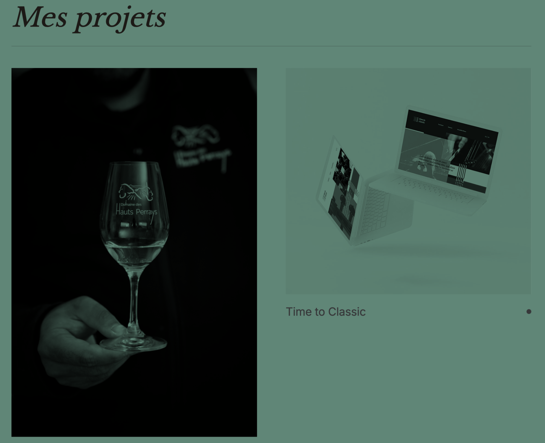 A person holding a wine glass with the inscription 'Domaine des Hauts Perrays' in front of them, next to a floating laptop displaying a website titled 'Time to Classic'.