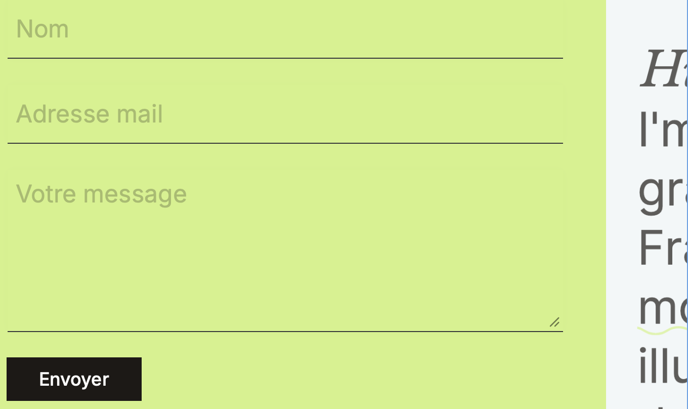 Contact form with fields labeled in French for name, email address, and message, with a black submit button labeled 'Envoyer' on a light green background.