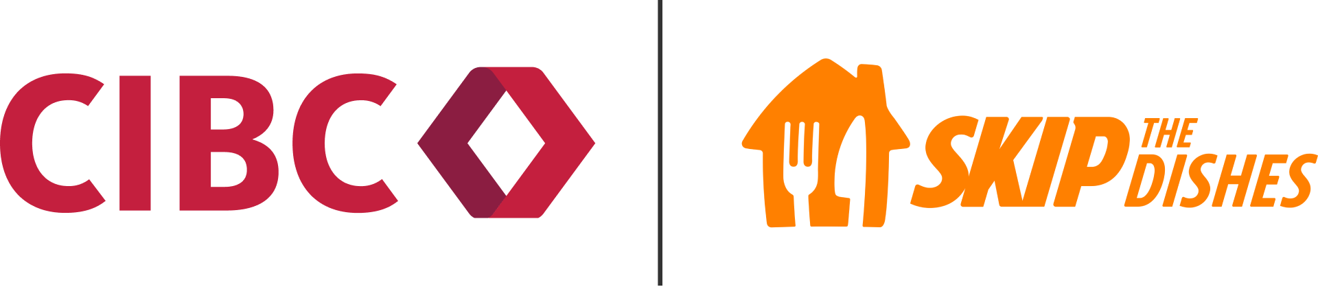 CIBC logo in red next to a vertical line and the orange SkipTheDishes logo with a house and utensils graphic.