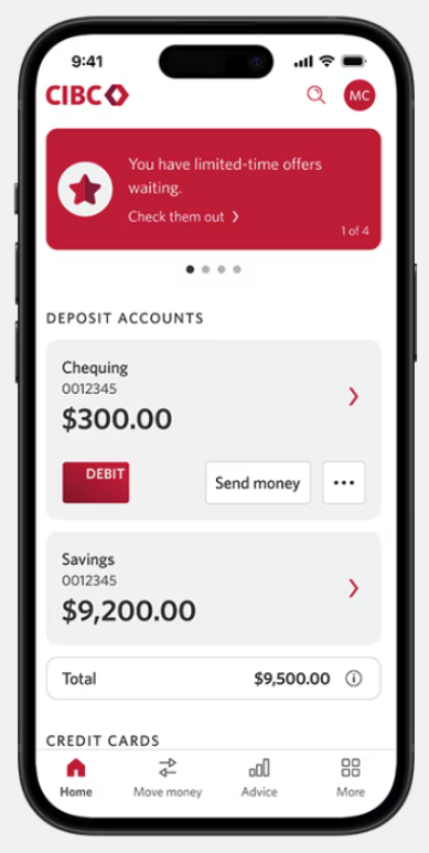 Mobile banking app screen showing CIBC deposit accounts: Chequing with $300 and Savings with $9,200, total $9,500, and a notification for limited-time offers.