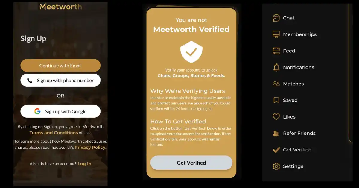 Signup, verify and features interface