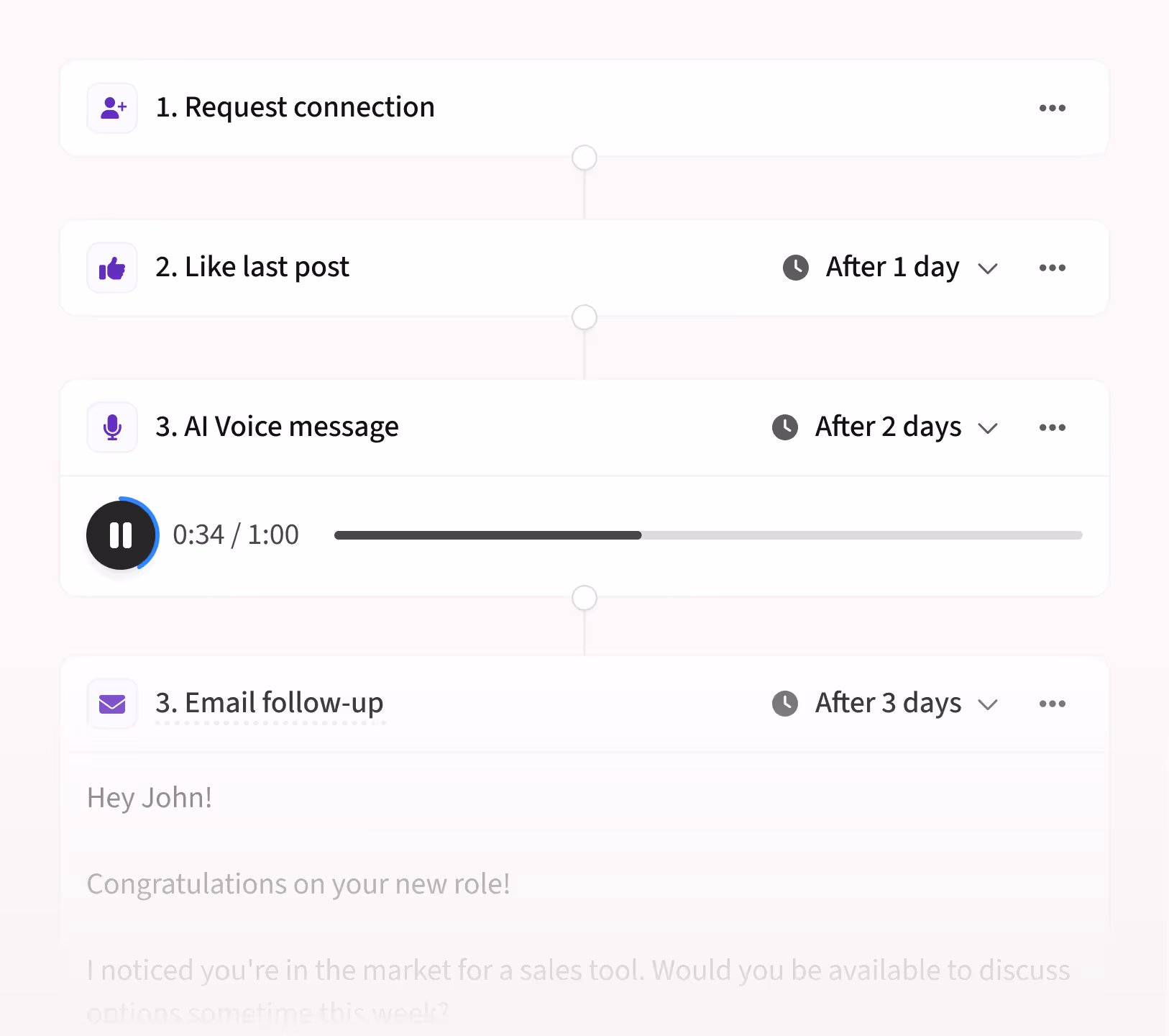 Product screen displaying an Amplemarket's Duo Copilot's sequence with a Duo Voice generated step