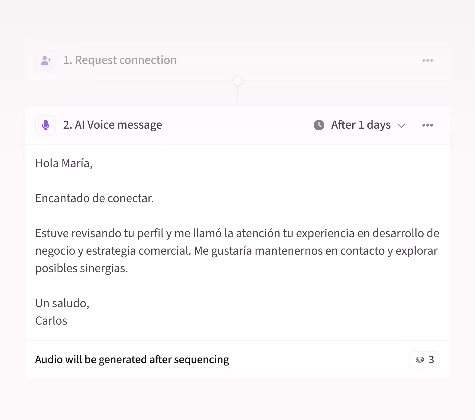 Product screen displaying Amplemarket's Duo Voice script for voice cloning Duo Copilot's sequence step
