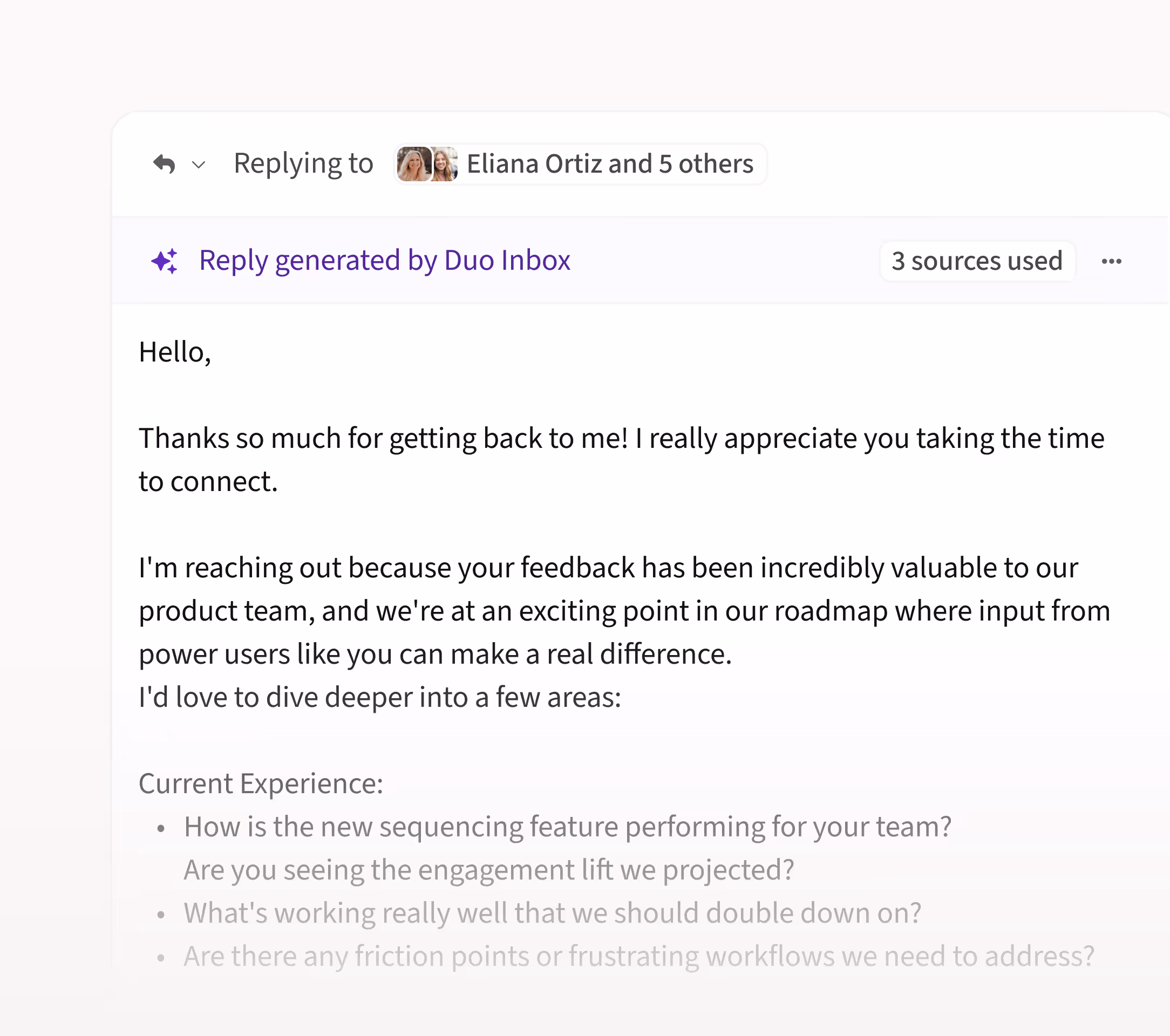 Product screen displaying Amplemarket's Duo Inbox AI email draft
