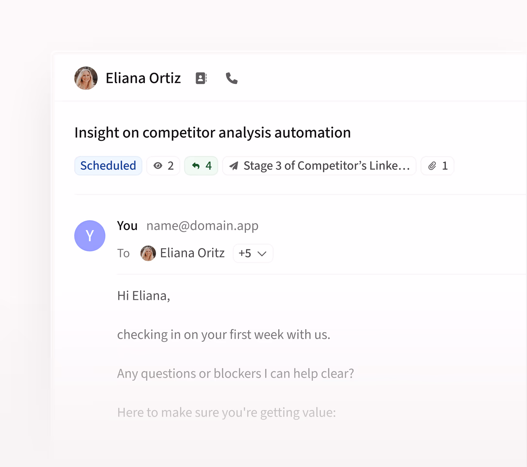Product screen displaying a scheduled message inside Amplemarket's Unibox