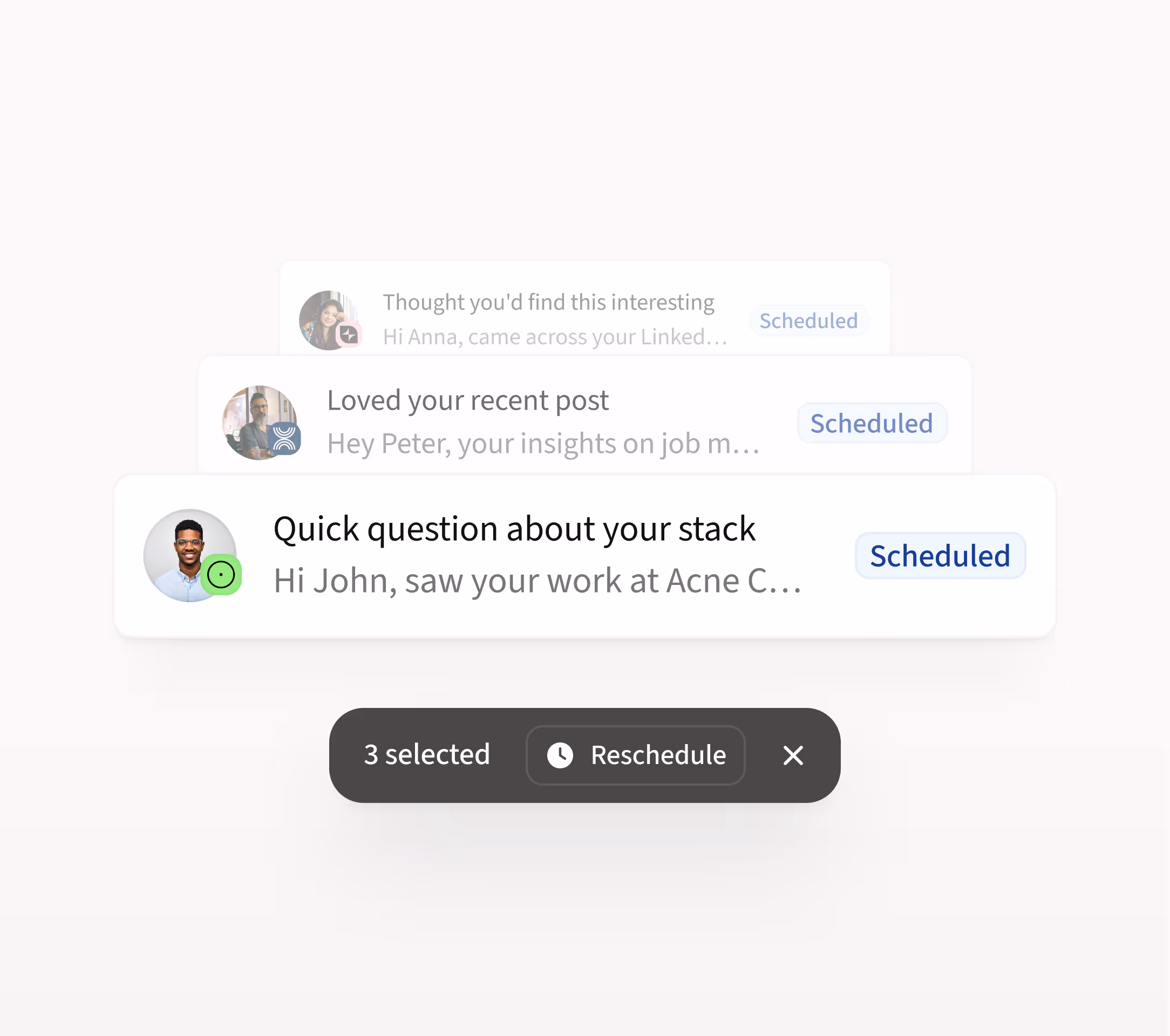 Product screen displaying a list of messages inside Amplemarket's Unibox, with the option to reschedule them