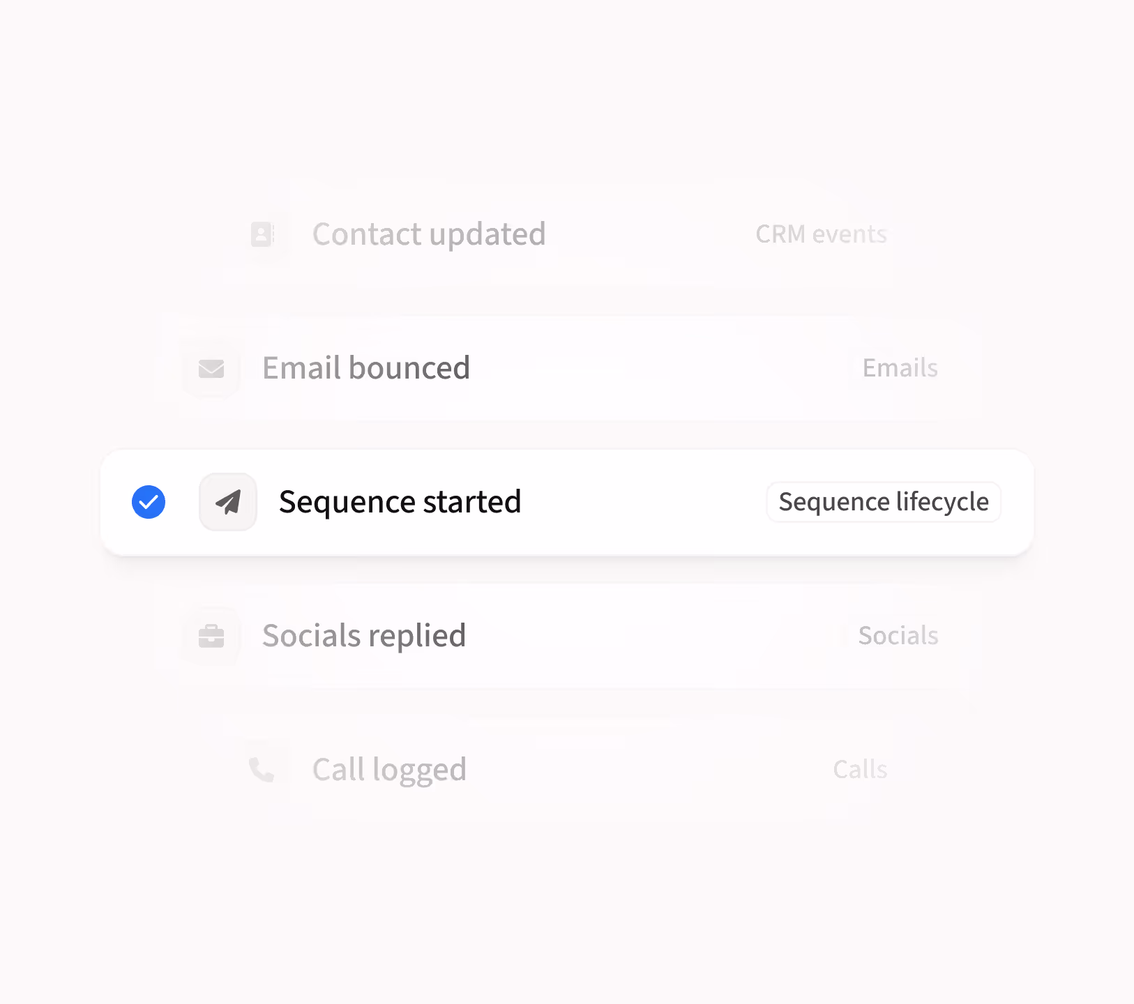Product screen displaying a list of sales events that can be triggered in the workflow