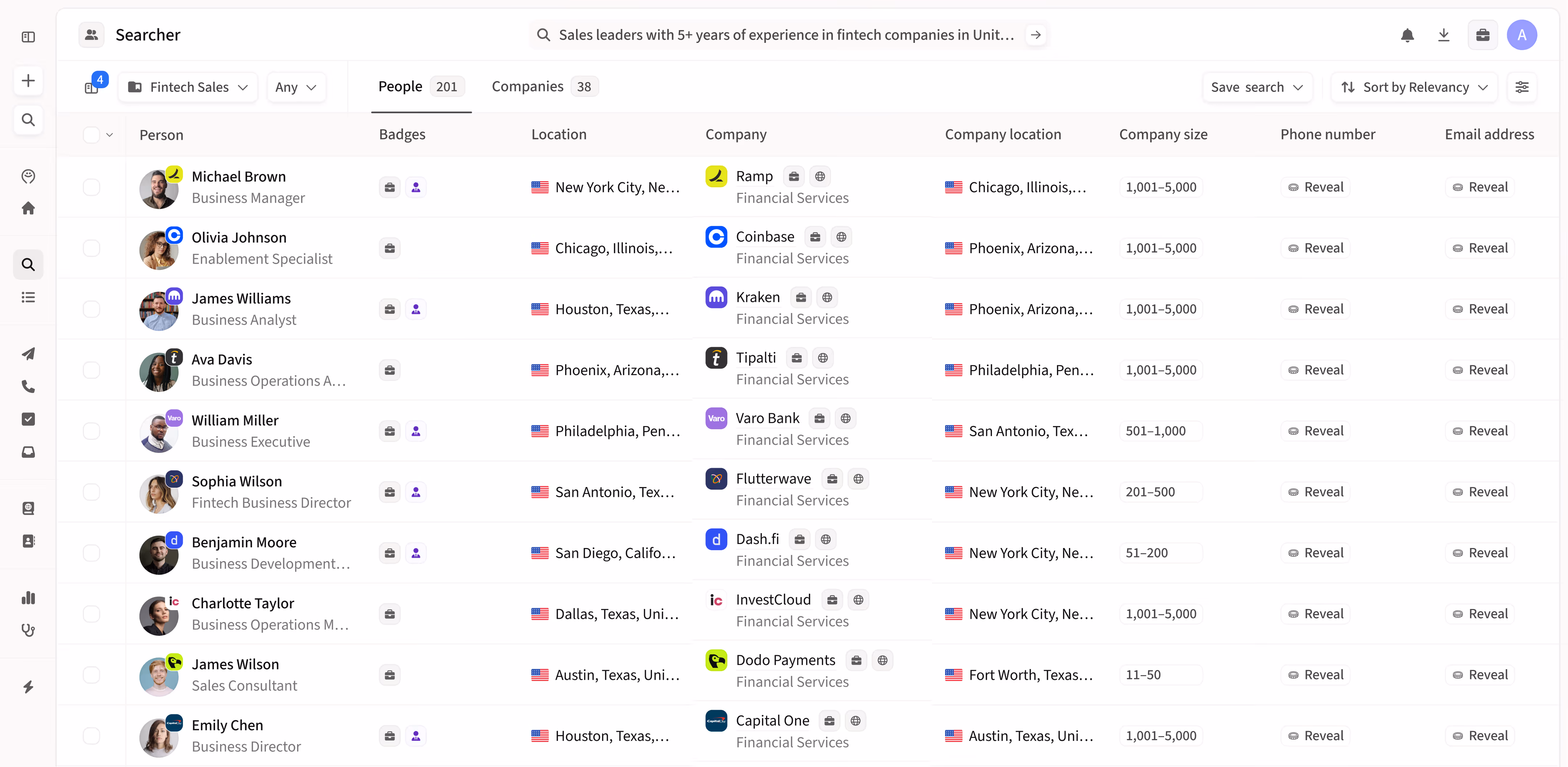 Product screen displaying Amplemarket Searcher with a list of automatically enriched contacts
