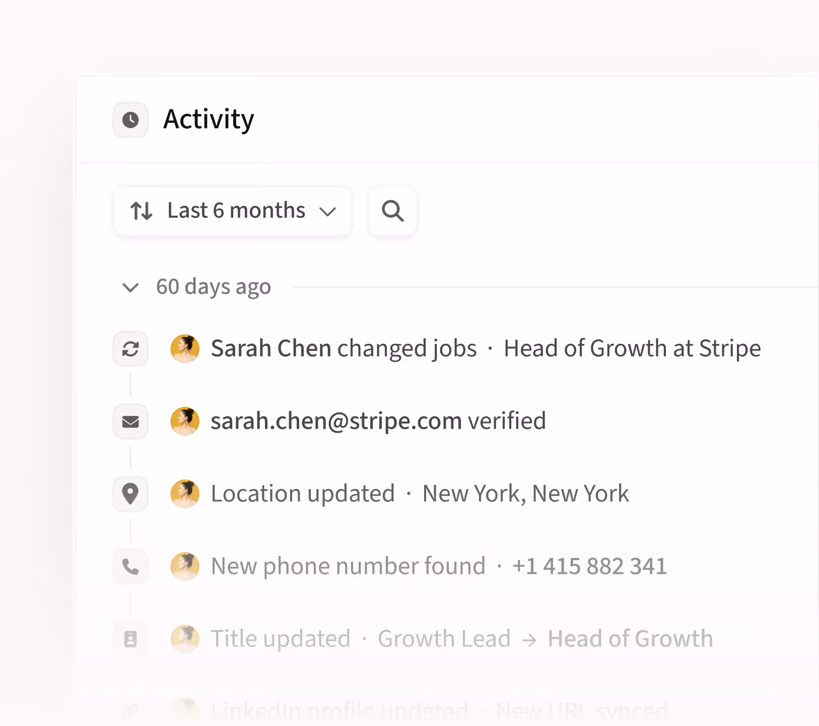 Product screen showing an activity log of automatic data changes based on contact updates