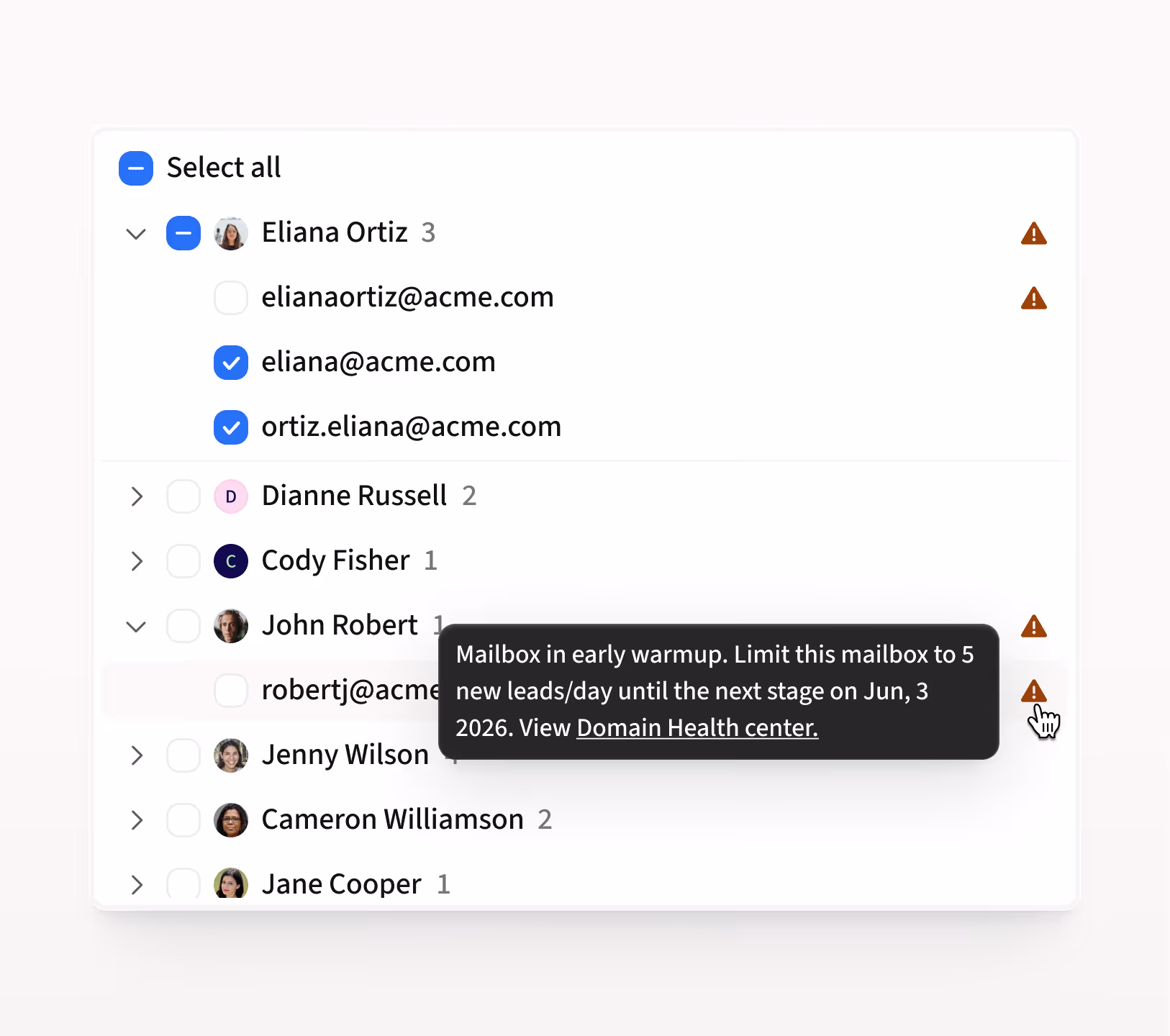 Product screen displaying a list of mailboxes, with problematic mailboxes clearly flagged and instructions for resolving each issue