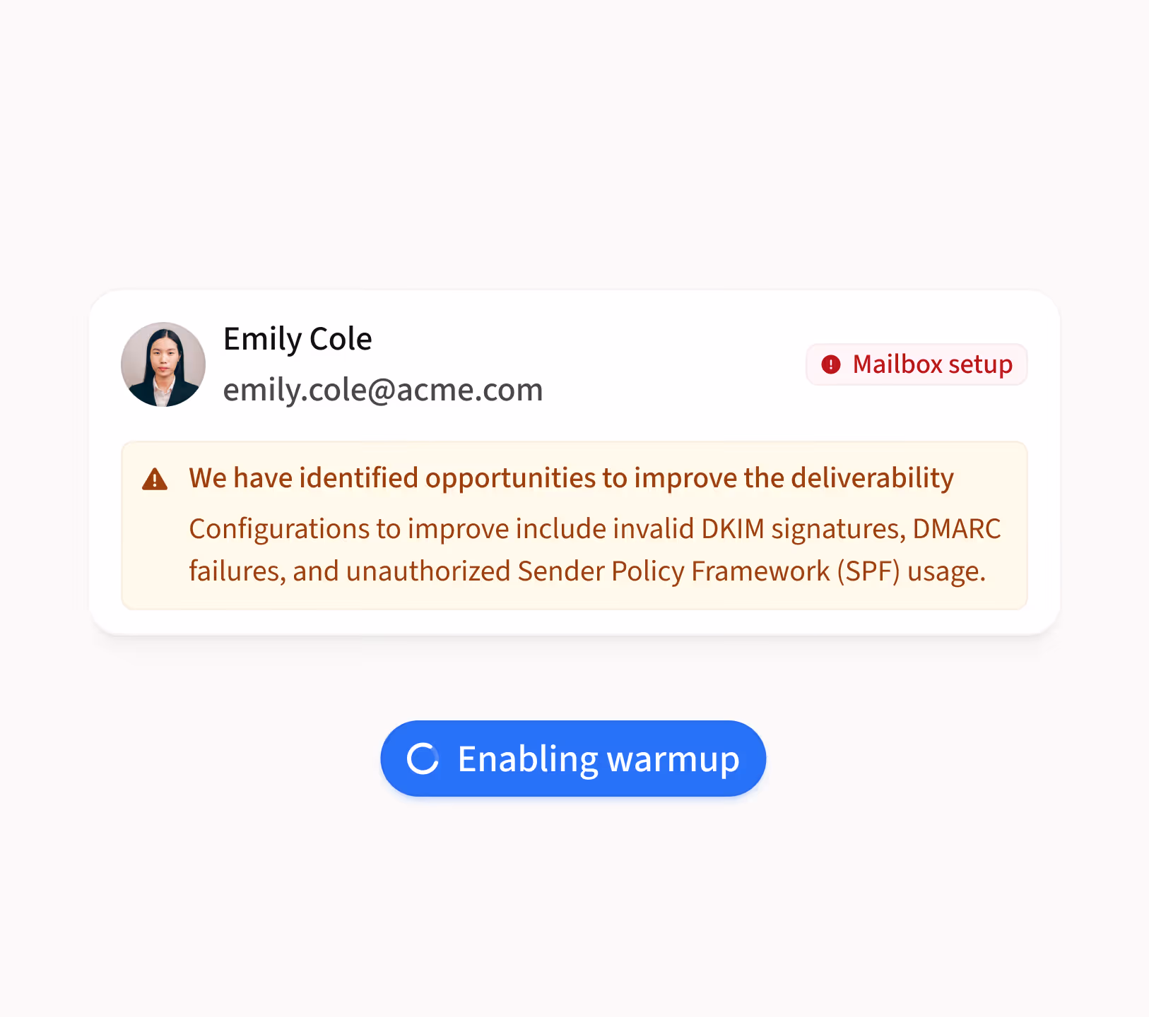 Product screen showing an example of a flagged email, with Deliverability Booster actively identifying and resolving deliverability issues