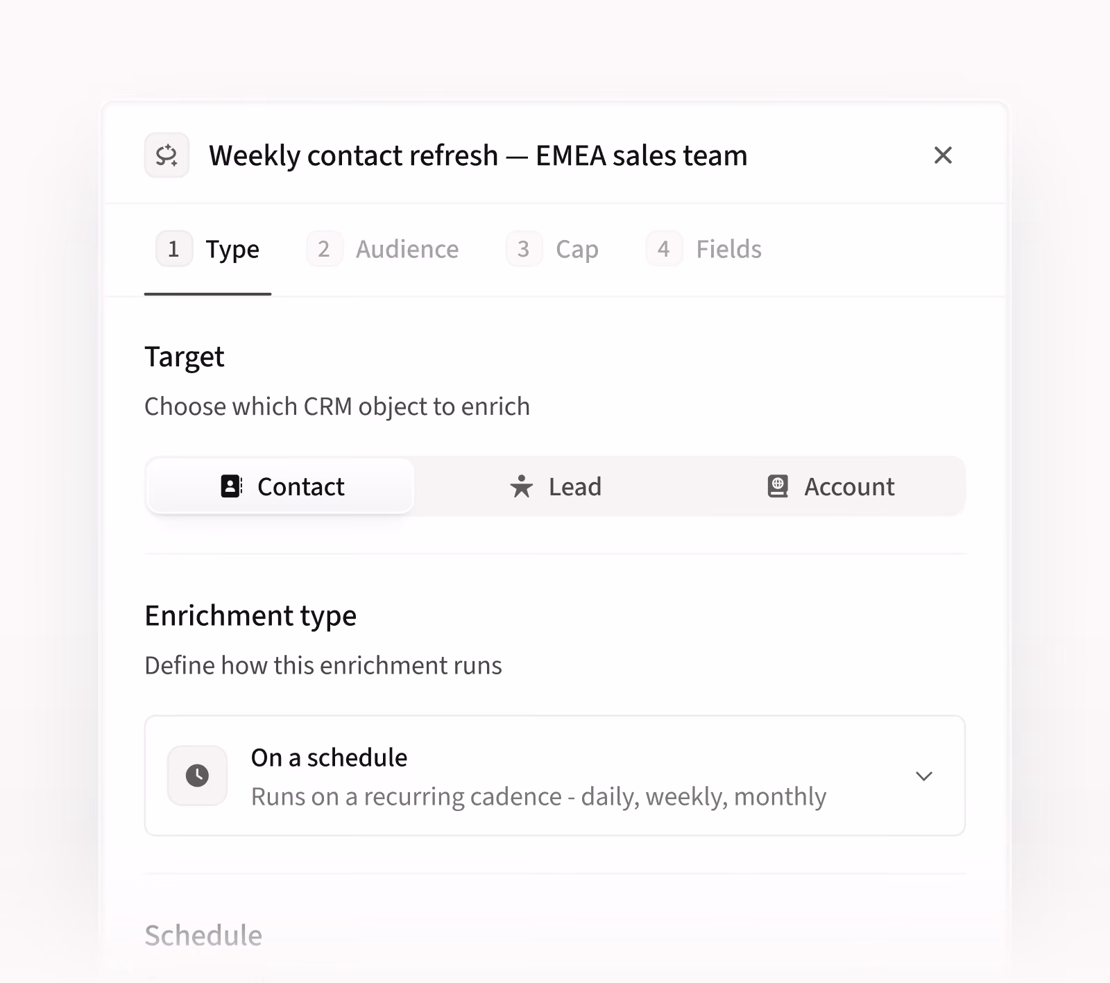 Product screen of Amplemarket’s CRM Enrichment scheduled automatic B2B data updates