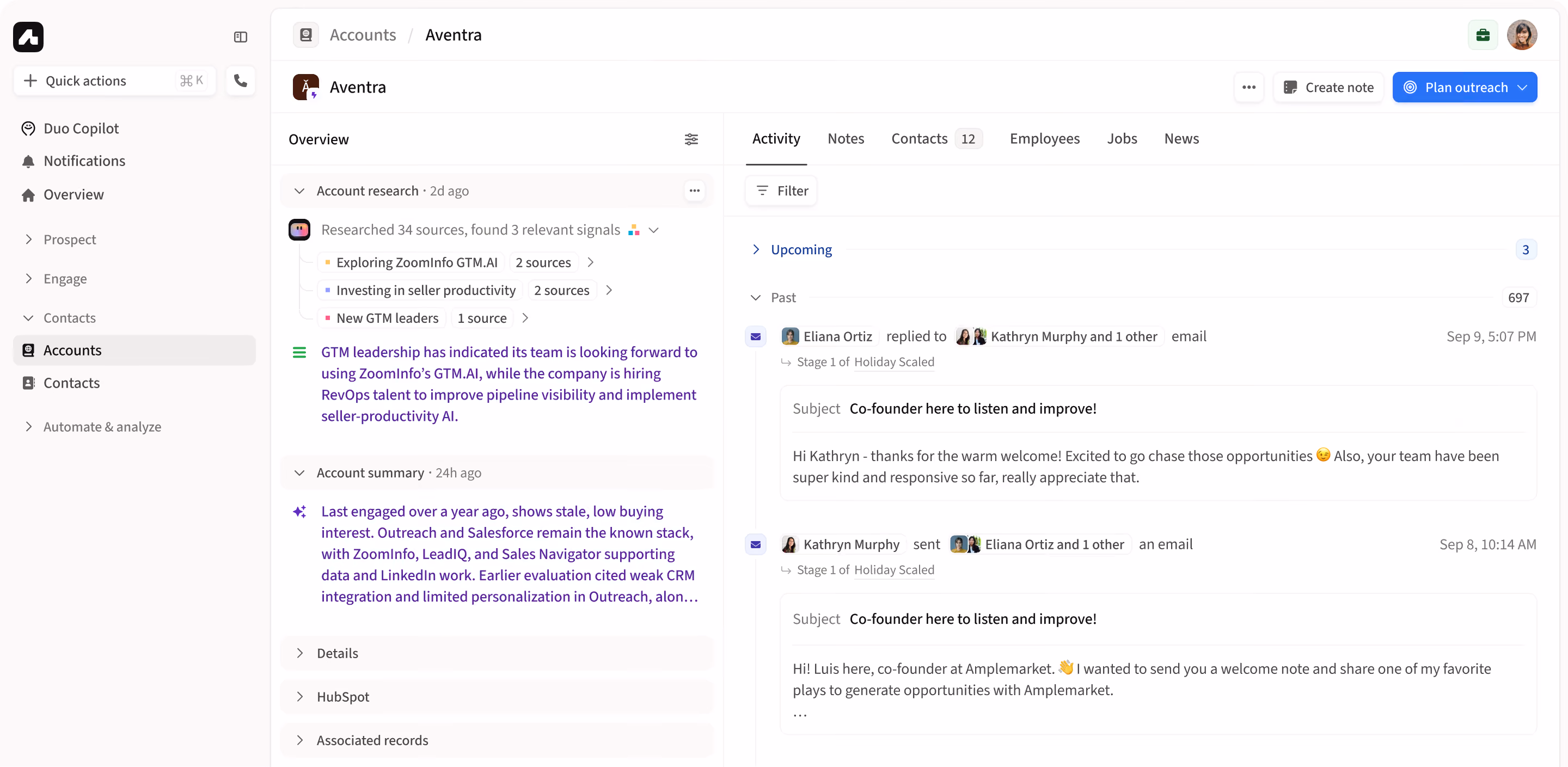 Preview of an account page with the Duo Accounts agent running in Amplemarket