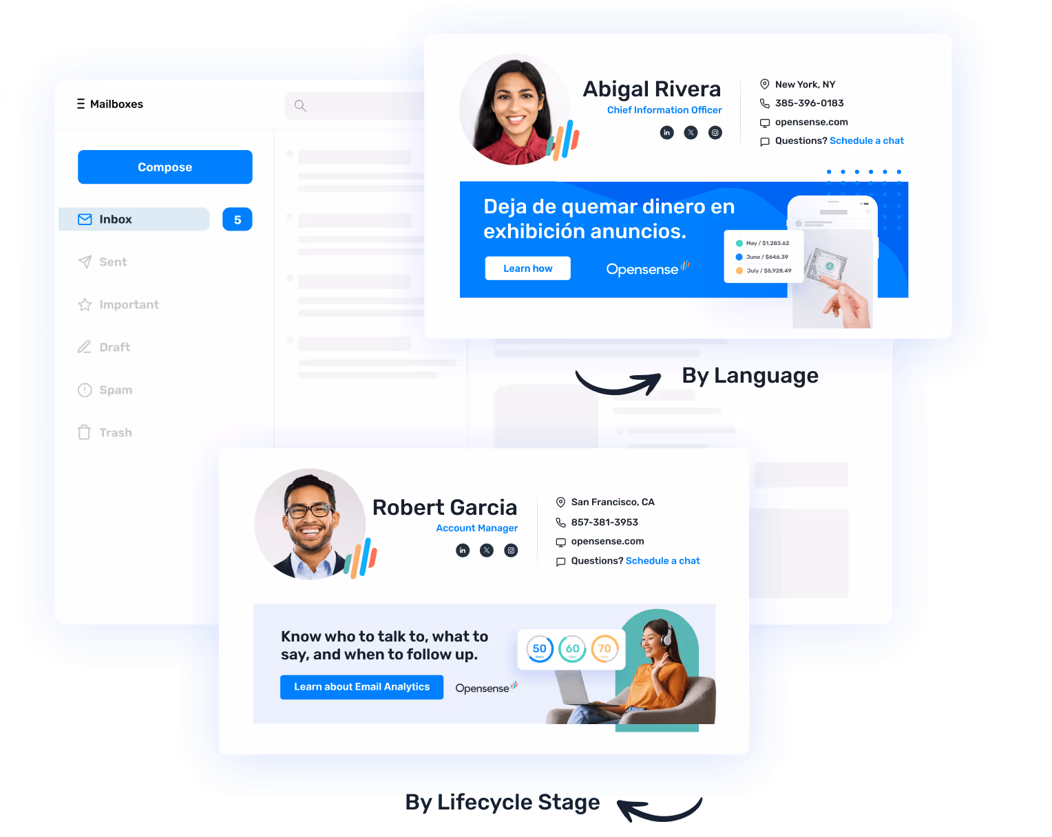 Opensense email signature examples showing personalized, branded banners by language and customer lifecycle stage — demonstrating how Opensense enables marketing teams to deliver targeted, measurable campaigns through everyday employee emails.