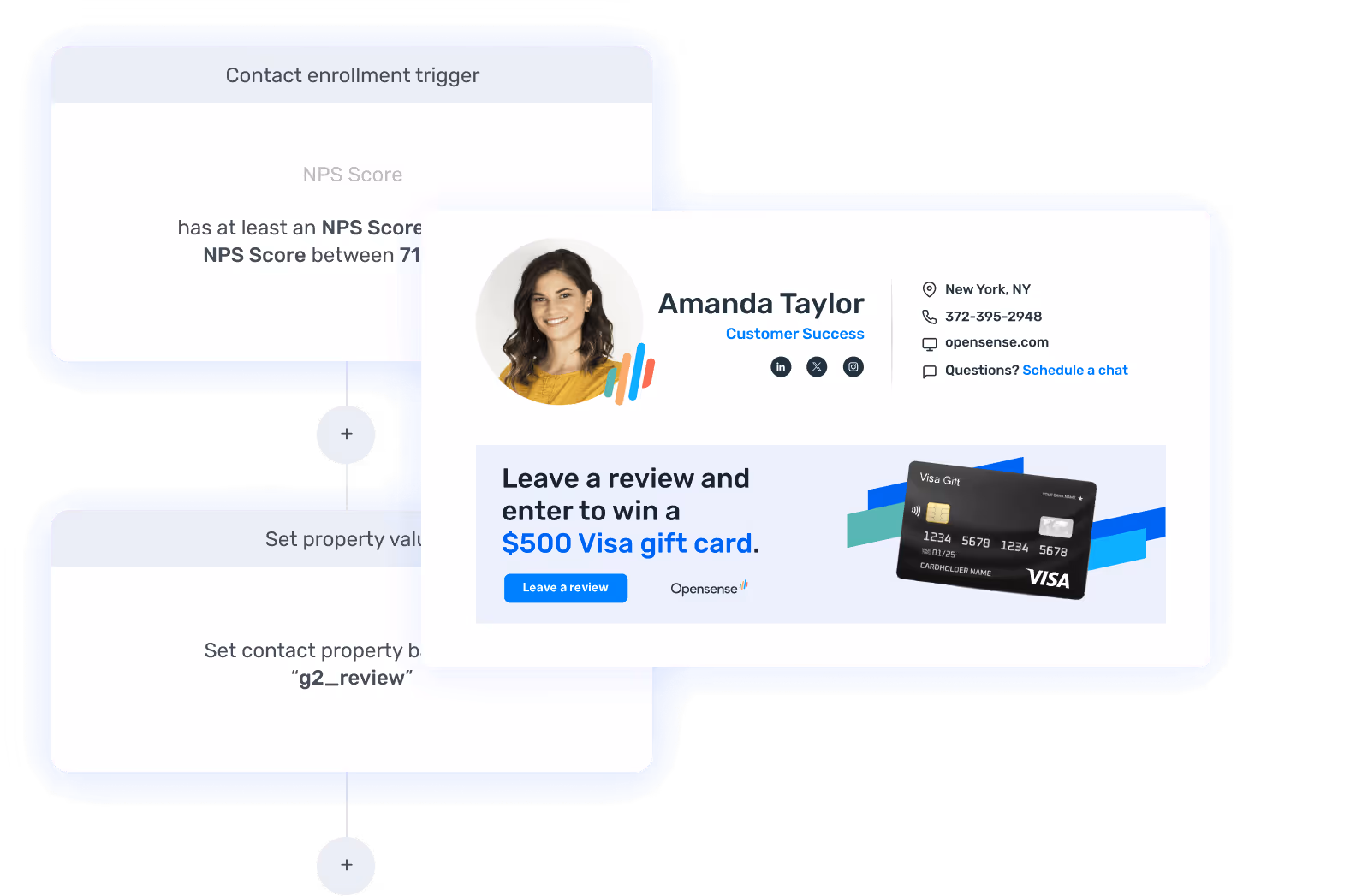 Opensense automated email signature example showing personalized customer outreach based on NPS score setup via a HubSpot workflow.