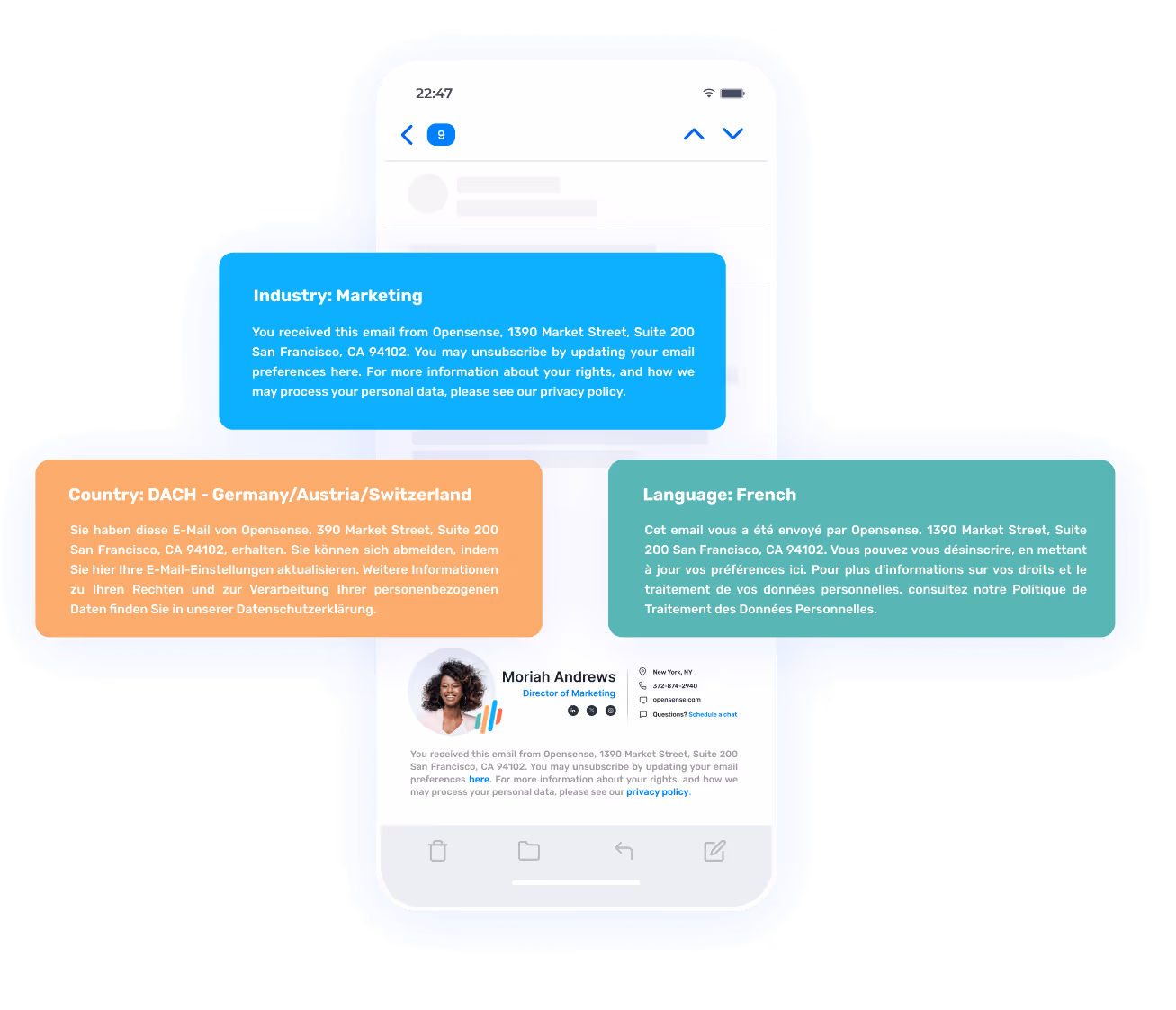 Opensense email compliance example showing personalized email footers by industry, country, and language — illustrating how Opensense helps global organizations manage localization, legal compliance, and brand consistency in every email.