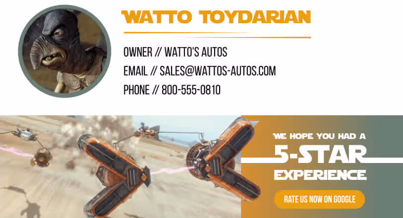 Encourage customer testimonials email signature banner - Star Wars themed testimonial promotion