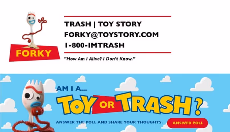 Encourage customer testimonials email signature banner - Toy Story themed review promotion