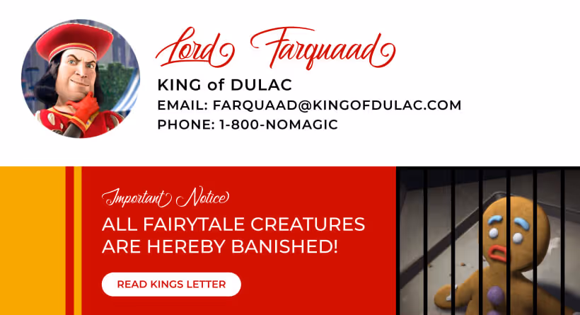 Build audience awareness email signature banner - Shrek themed announcement promotion
