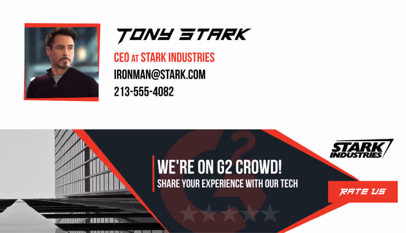 Encourage customer testimonials email signature banner - Iron Man themed testimonial promotion