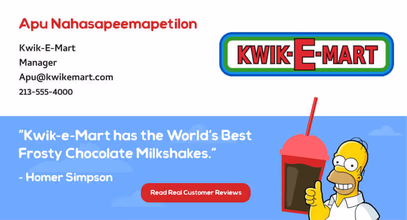 Encourage customer testimonials email signature banner - Simpsons themed testimonial promotion