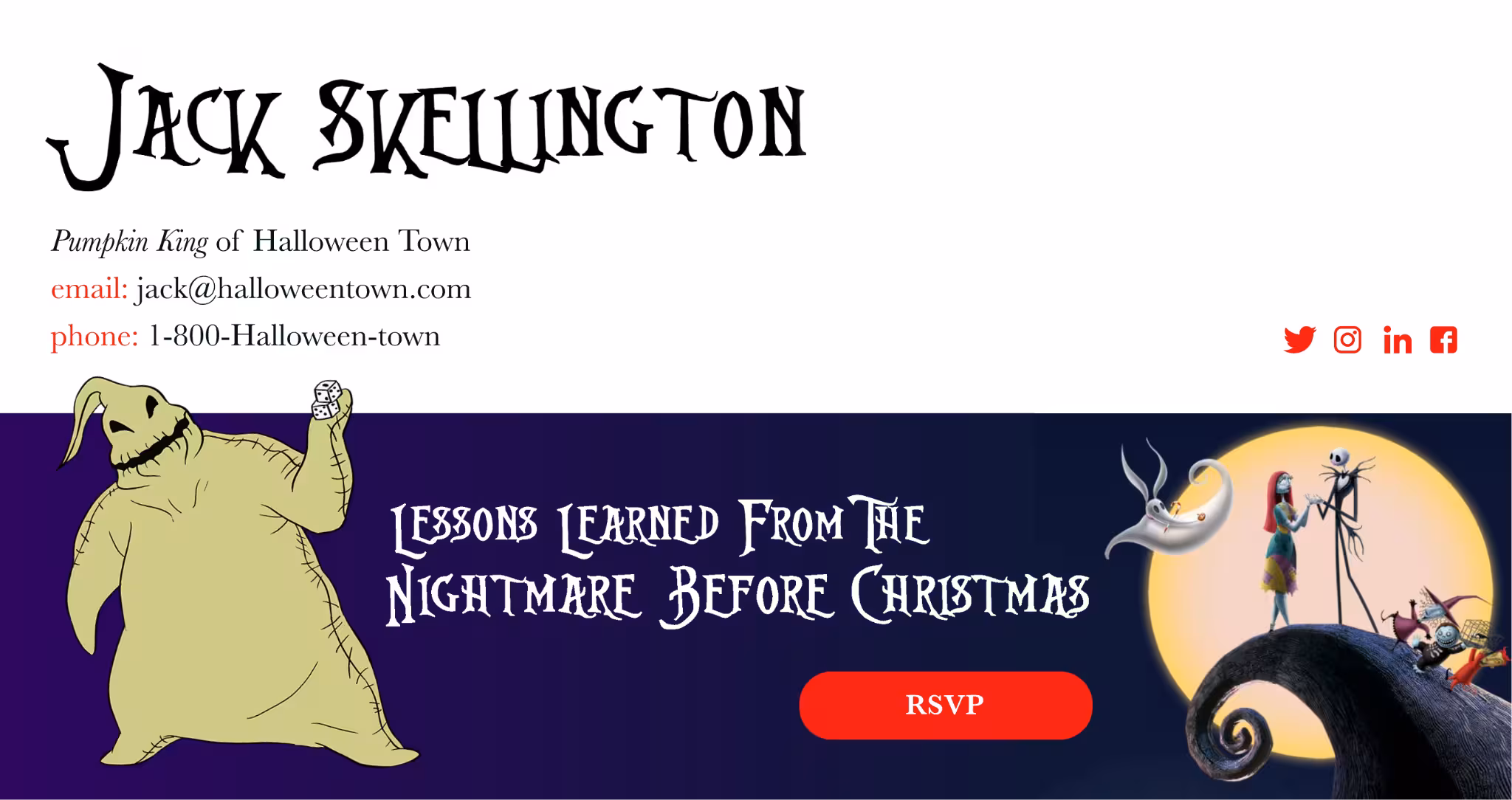 Email signature styled for Jack Skellington with his contact details, followed by a banner featuring Oogie Boogie, Zero the ghost dog, Sally, and Jack Skellington in front of a full moon with the text ‘Lessons Learned From The Nightmare Before Christmas’ and an RSVP button.
