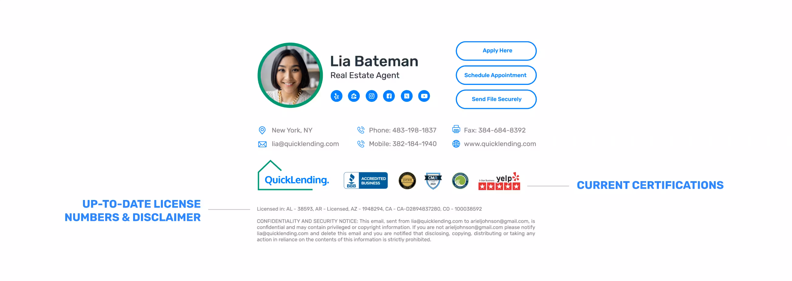 Compliant email signature design for real estate agent Lia Bateman featuring updated licensing details, modern contact information, verified certifications, social icons, QuickLending branding, and compliance disclaimer—showcasing a clean, consistent, and professional email signature layout.