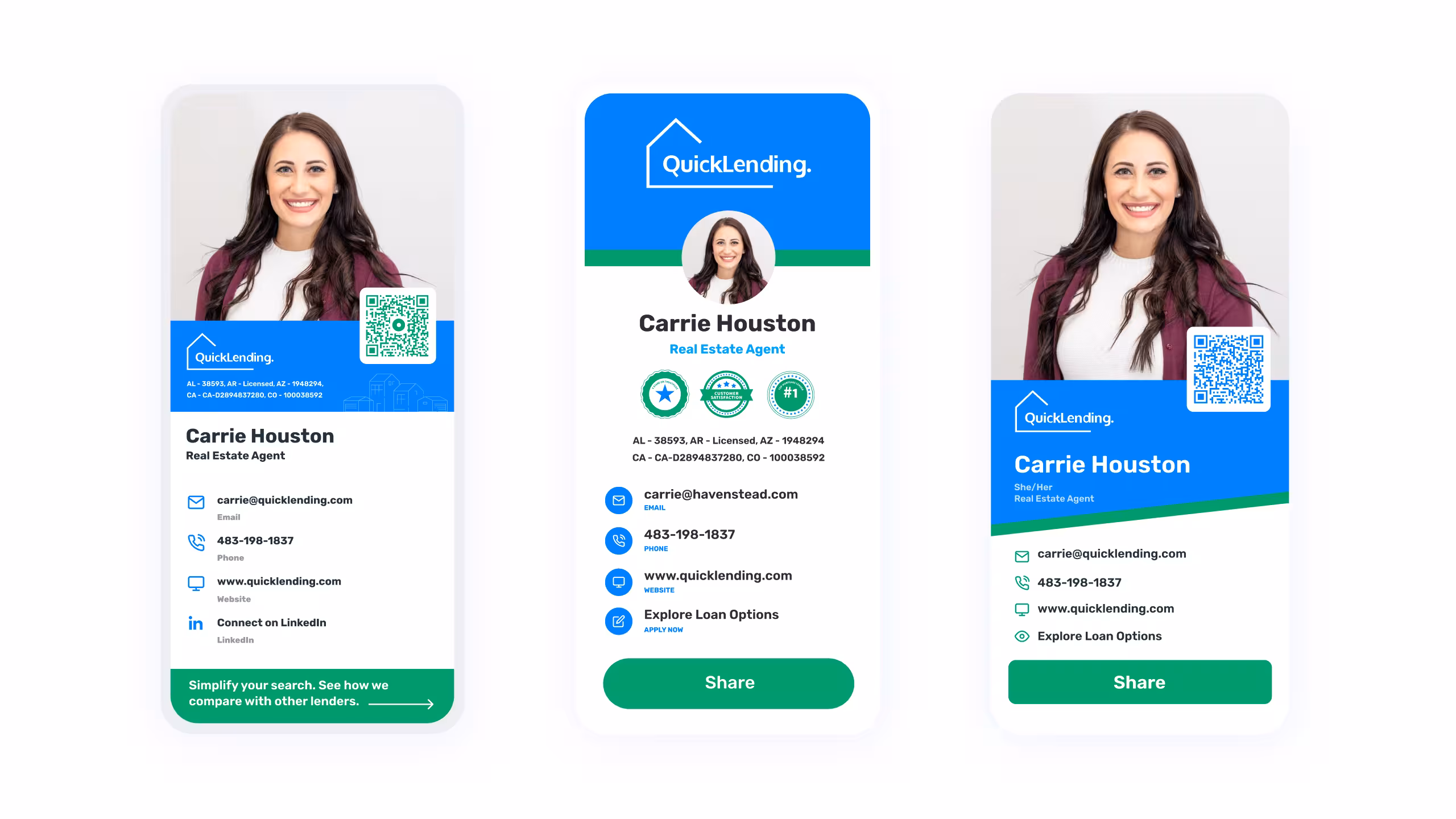 “Three versions of a digital business card for real estate agent Carrie Houston, each featuring her photo, QuickLending branding, contact details, license information, interactive action buttons, and a scannable QR code—showcasing different layout styles for mobile-friendly, shareable digital IDs.