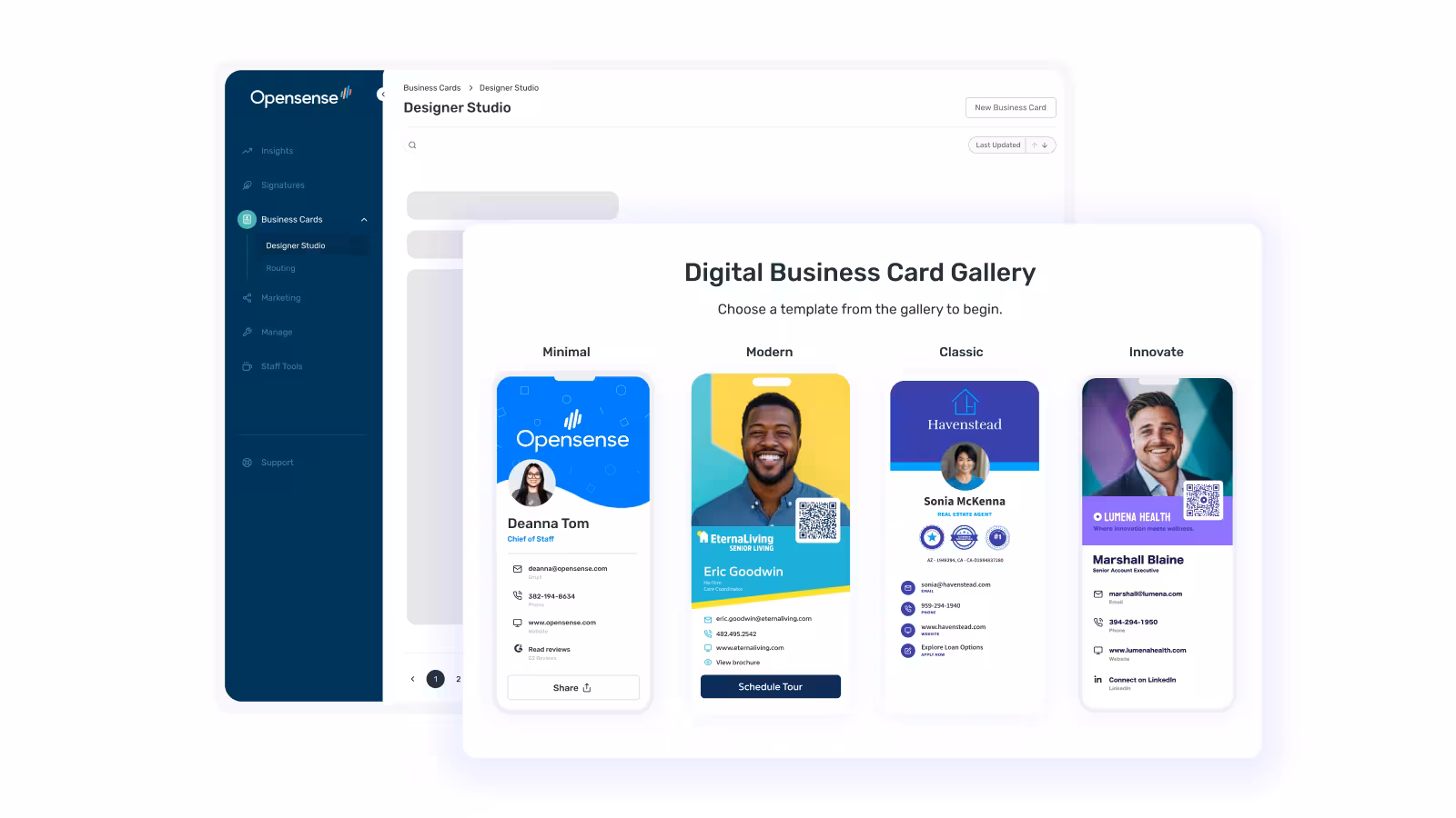 Opensense Designer Studio interface displaying a Digital Business Card Gallery with multiple template styles—Minimal, Modern, Classic, and Innovate. Each template shows a mobile-friendly digital business card featuring employee photos, contact details, branding, and QR codes, allowing users to choose and customize a card design.”